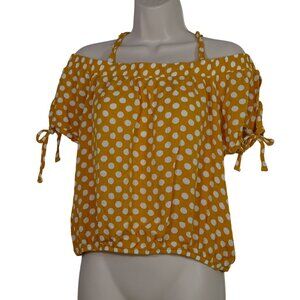 Almost Famous Yellow Gold Polka Dot Off-Shoulder Crop Top Blouse Women Size L